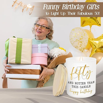 Christmas 50th Birthday Gifts for Her - Long Lasting Vanilla Lavender Candle 10 oz - Funny 1975 Birthday Gifts for Women Wife Mom Sister Friend, Gift for 50 Year Old Woman, Fifty Candles