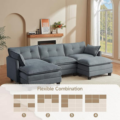 Modular Sectional Sofa, 111.5" U-Shaped Corduroy Comfy Sectional Couches for Living Room, 3-Seater Cloud Couches with 2 Movable Ottomans, Flexible Combination Modern Deep Seat Sofa (Grey)