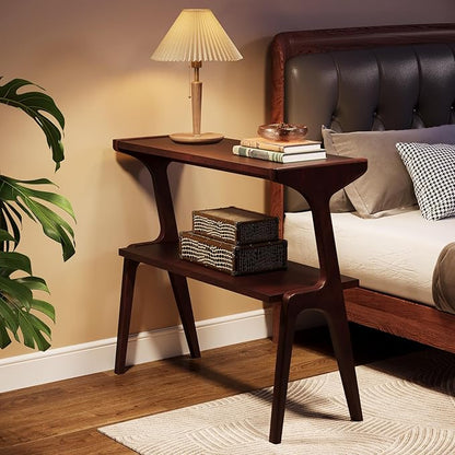 Tribesigns Solid Wood Side Table, 2-Tier Narrow Tall End Table with Storage Shelves, Slim Side Table for Couch, Long Bedside Table for Bedroom, Living Room, Burgundy