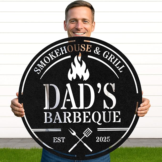 Custom BBQ Workshop Metal Sign, Personalized Grill Cut Name Wall Decor for Garage, Rustic Outdoor Cooking Area Gift