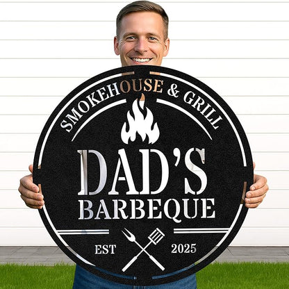Custom BBQ Workshop Metal Sign, Personalized Grill Cut Name Wall Decor for Garage, Rustic Outdoor Cooking Area Gift
