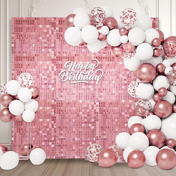 48 PCS Rose Gold Shimmer Wall Backdrop, Square Sequin Photo Backdrops Panel, Glitter Wall Background for Birthdays, Weddings, Christmas, Engagements, Disco Bachelorette Party Decoration (6FTx8FT)