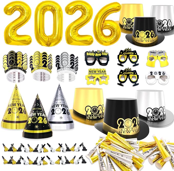 New Years Eve Party Supplies 2026 for 45 Guests, Happy New Years Decorations Party Favors Includes Top Hats, Tiaras, Glasses Accessories for Adults Kids Nye Decorations 2026