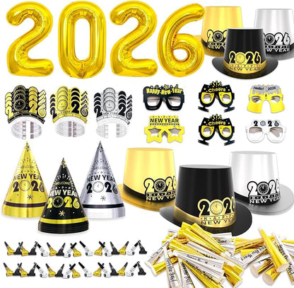 New Years Eve Party Supplies 2026 for 45 Guests, Happy New Years Decorations Party Favors Includes Top Hats, Tiaras, Glasses Accessories for Adults Kids Nye Decorations 2026