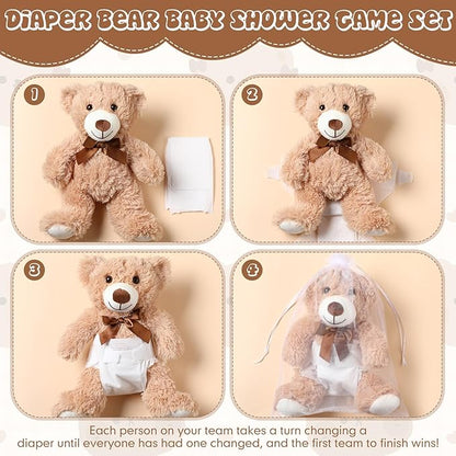 Soulchen 6 Set Bear Blindfolded Diaper Changing Baby Shower Games 14 Inch Bear Plushes with Dolls Diapers Bottles Shirts for Gender Reveal Bridal Shower Game Prize Gift Guest Adult(Khaki)