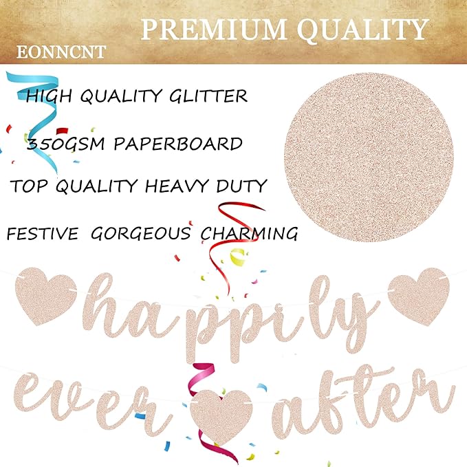 Pre-Strung Happily Ever After Banner - Rose Gold Glitter Bachelorette Bridal Engagement Party Decoration Supplies, Bachelorette Wedding Party Banner for Engagement, Bridal Shower, Wedding Party Photo Booth Props