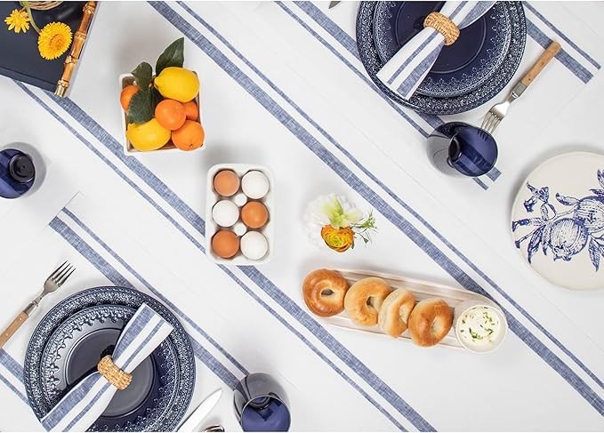 Solino Home Linen Table Runner 48 Inches - French Stripe, 100% Pure Linen Navy and White Farmhouse Table Runner 14 x 48 Inch Ideal for Dresser and Coffee Tables - Fall, Holiday