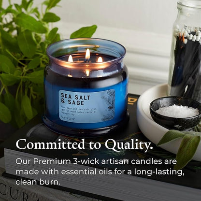 PartyLite Sea Salt & Sage Scented, Notes of Salted Air, Sea-Soaked Sage, Driftwood, Coconut and Sandalwood, 13.2oz 3-Wick Jar Candle, 45 Hour Burn Time, Luxurious Fragrance, Perfect for Gifting