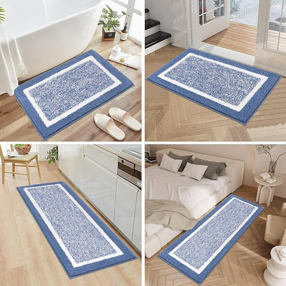 Pauwer Bathroom Rug Mat Set 3 Piece, Microfiber Shaggy Bath Set, Non-Slip Ultra Soft Carpet Mats, Absorbent with U-Shaped Toilet for Bathroom, Tub, Shower, Blue