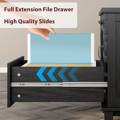 GarveeHome Farmhouse Executive Desk with File Drawers, 60 in Home Office Desk with Charging Station, Wooden Computer Desk with Cabinet Storage for Work Study Writing, Rustic Black