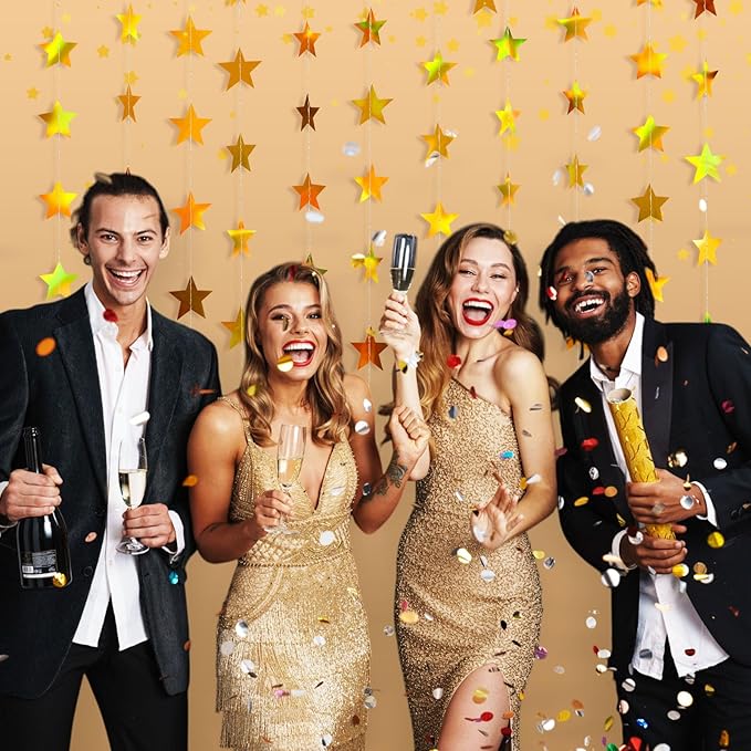 Patelai Glitter Star Garland Banner Christmas Decor 130 Feet Star Hanging Bunting Banner Twinkle Backdrop for Homecoming Classroom Wedding Birthday Halloween Party Supplies(Iridescent Gold)