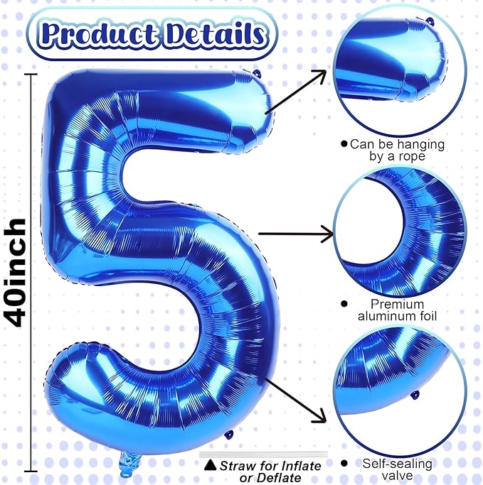 Navy Blue Balloon Number 5, 40 Inch Large Self Inflating Foil Mylar Number Balloons 0-9 for Boys Women, Dark Royal Blue Digital 5 Helium Balloon for Men 5th Birthday Decorations Graduation 2025 Party