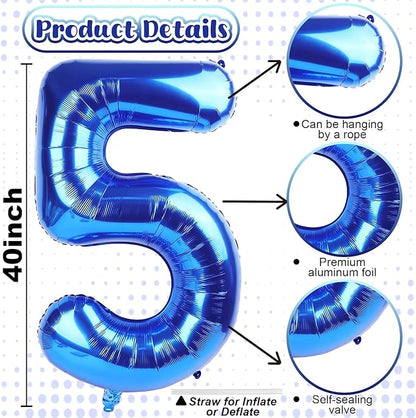Navy Blue Balloon Number 5, 40 Inch Large Self Inflating Foil Mylar Number Balloons 0-9 for Boys Women, Dark Royal Blue Digital 5 Helium Balloon for Men 5th Birthday Decorations Graduation 2025 Party
