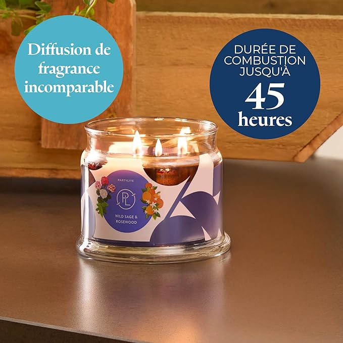 PartyLite Wild Sage & Rosewood Scented, Notes of Sage Leaf, Rosewood, Geranium Petals and Lemongrass, 13.2oz 3-Wick Jar Candle, 45 Hour Burn Time, Luxurious Fragrance, Ideal for Gifting