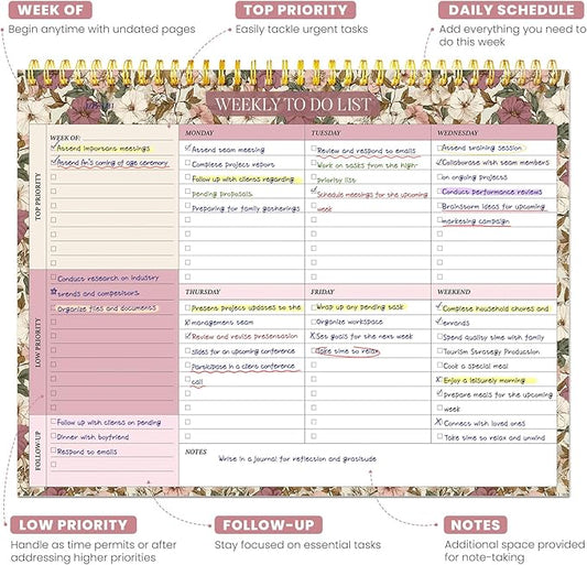 Weekly To Do List Notepad with 52 Undated Sheets（8.5"×11"）- Undated Weekly Planner Notepad for Office Desk Accessories and Supplies - Mauve Muse