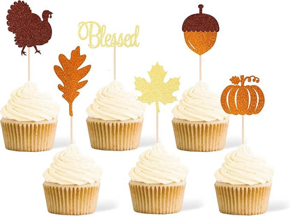 Gexolenu 24 Pcs Thanksgiving Cupcake Toppers Glitter Double-Sided Maple Leaf Blessed Turkey Pumpkin Cupcake Picks For Fall Theme Harvest Thanksgiving Cake Decorations Kids Birthday Party Supplies