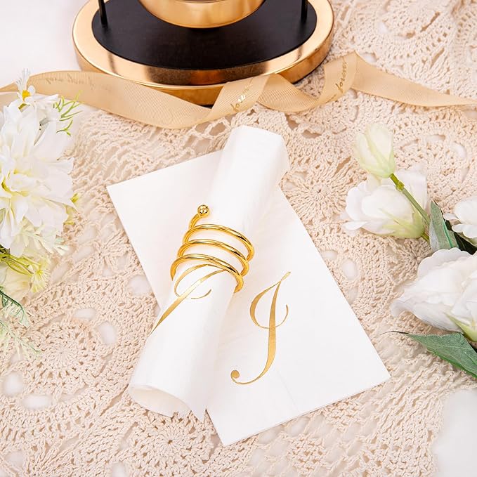 BUCLA 100PCS Gold Monogram Paper Napkins Letter J - Disposable Paper Napkins Elegant Metallic Golden Foil Gold Paper Napkin for Wedding, Birthday Party&Thanksgiving