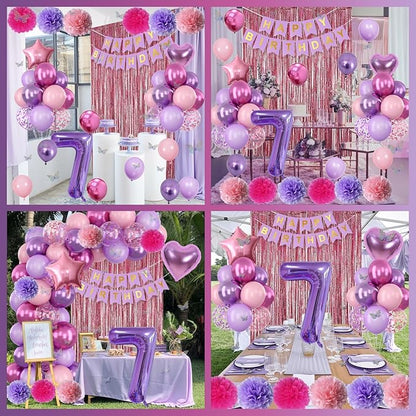 Pink Purple 7th Birthday Party Decorations for Girls Number 7 Balloon Happy Birthday Banner Butterfly Stickers Fringe Curtain Paper Pom Poms Metallic Hot Pink Star Foil Balloons 7 Year Old Princess