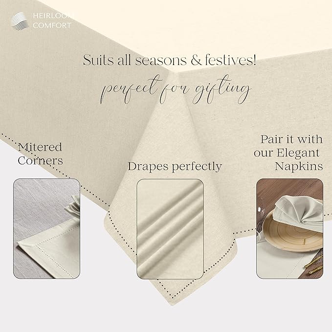 Ivory Cotton Tablecloth, Table Cover 52x70 Inch, Fits 4-6 Seats, Durable, Washable, Wrinkle Resistant, Rectangle Table Cloth for Dining, Elegant Dinners, Weddings, Special Occasions