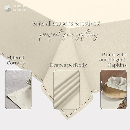Ivory Cotton Tablecloth, Table Cover 52x70 Inch, Fits 4-6 Seats, Durable, Washable, Wrinkle Resistant, Rectangle Table Cloth for Dining, Elegant Dinners, Weddings, Special Occasions