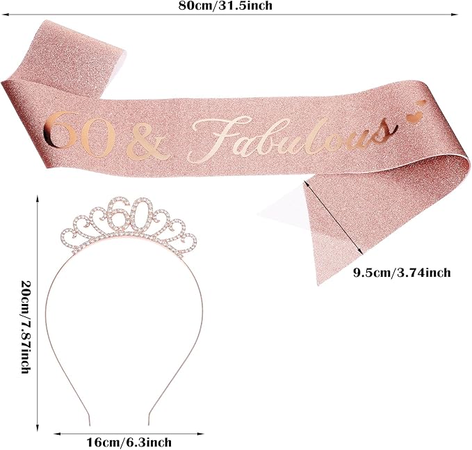 60th Birthday Decoration for Women, Rose Gold 60 & Fabulous Birthday Sash and Rhinestone Headband for Women's 60th Birthday Gifts Crown Tiara Party Decor