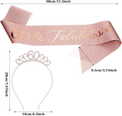 60th Birthday Decoration for Women, Rose Gold 60 & Fabulous Birthday Sash and Rhinestone Headband for Women's 60th Birthday Gifts Crown Tiara Party Decor