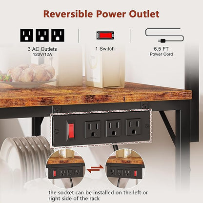 Furologee Kitchen Bakers Rack with Power Outlet,Coffee Stand with Storage 4 Tiers,Coffee Bar Station with a 31.5 Inch Larger Desktop and 8 S Hooks,Kitchen Microwave Rack for Spices,Pots,Rustic Brown