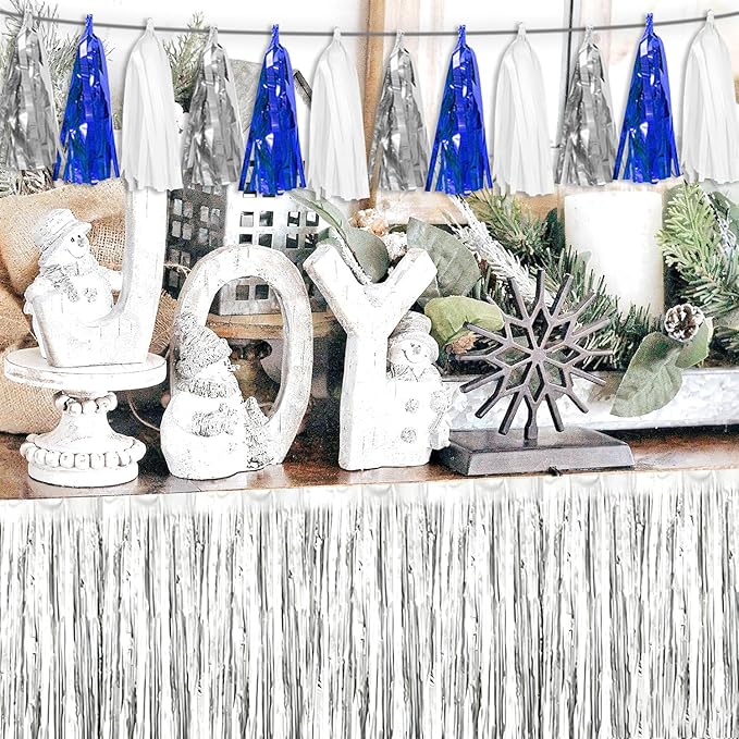 3P Navy Blue White Silver Tassel Banner Garland Metallic Foil Fringe Banner Tinsel Tassels Streamer Banner Backdrop for Parade Floats, 2025 Graduation Decorations, Retirement Party Decorations
