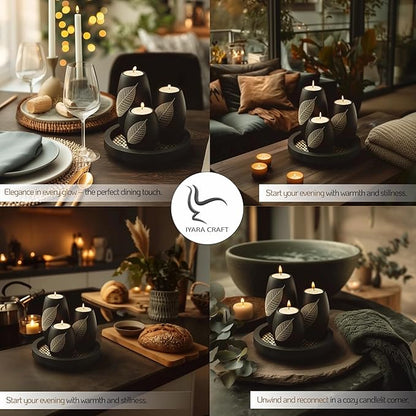 IYARA CRAFT Candle Holder Set with Tray – 3 Handmade Wood Tealight Holders, Black Leaf Design, Winter Home Décor, Spa-Inspired Holiday Centerpiece & Elegant for Women, Mom, Housewarming