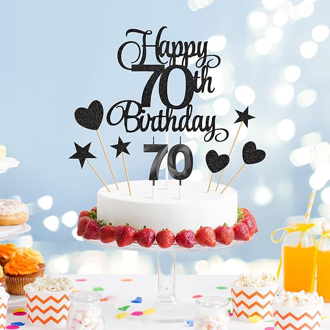 70th Birthday Cake Decorations, 70th Birthday Candles Cake Numeral Candles and Glitter Happy 70th Birthday Cake Toppers Set for Birthday Party Supplies (Black)
