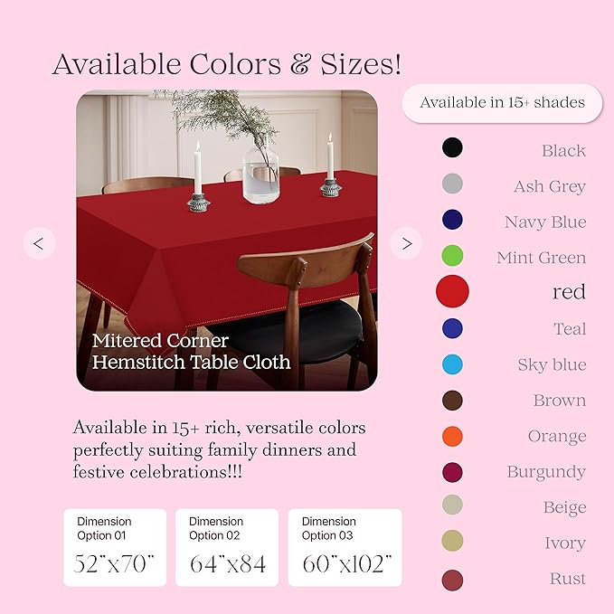 Red Cotton Tablecloth, Table Cover 52x70 Inch, Fits 4-6 Seats, Soft, Washable, Wrinkle Resistant, Rectangle Table Cloth for Dining, Anniversaries, Festive Gatherings, Family Dinner