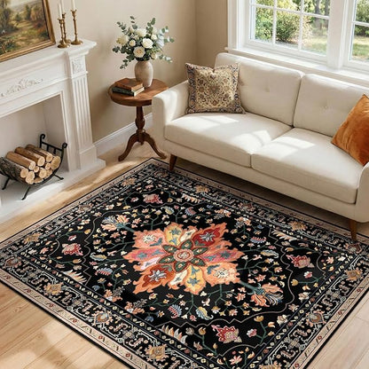 Area Rugs 4'x6' Washable Non-Slip, Floral Vintage Distress Print Pattern Medallion Carpet for Living Room Bedroom Dining Room, Black Colorful Floral Dark Tan