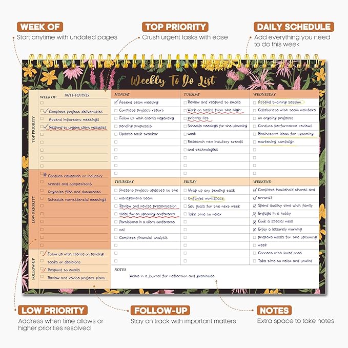Taja Weekly To Do List Notepad with 52 Undated Sheets（8.5"×11"）- Weekly Desk Planner for Women & Man, Work and Home - 1 Pack Amber Garden