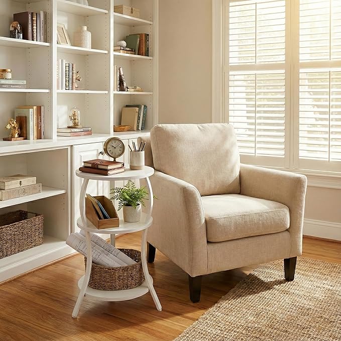 Vintage Small Round Side Table, 3-Tier Slim Waist Circular End Table with Storage Shelf, Compact Tea Sofa Table, Round Corner Coffee Table Nightstand for Living Room Bedroom Small Spaces,White