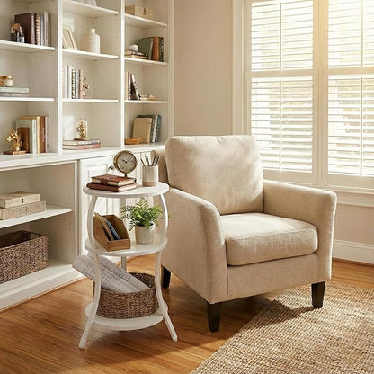 Vintage Small Round Side Table, 3-Tier Slim Waist Circular End Table with Storage Shelf, Compact Tea Sofa Table, Round Corner Coffee Table Nightstand for Living Room Bedroom Small Spaces,White
