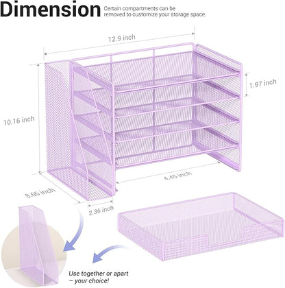 OPNICE Desk Organizer, 5-Tier Paper File Organizer with Drawer & Pen Holder, Office Desk Accessories, Workspace Desktop Organizer for Office Supplies(Purple)