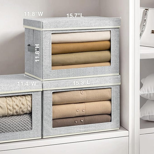 Fabric Storage Bins with Lids, Large Storage Cubes with Window, Fabric Storage Baskets Bins for shelves, Closet Storage Boxes for Clothes, Towel, Office, 4 Packs, Blended