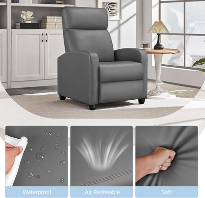 Yaheetech Recliner Chair PU Leather Recliner Sofa Home Theater Seating with Lumbar Support Overstuffed High-Density Sponge Push Silver Gray Recliners