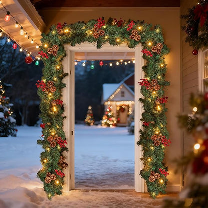 Christmas Garland with Lights, 9FT Christmas Garland for Mantle, Prelit Outdoor Garlands with Red Berries and Pine Cores for Ourdoor Indoor Mantle Table Stairs Fireplace Home Christmas Decor