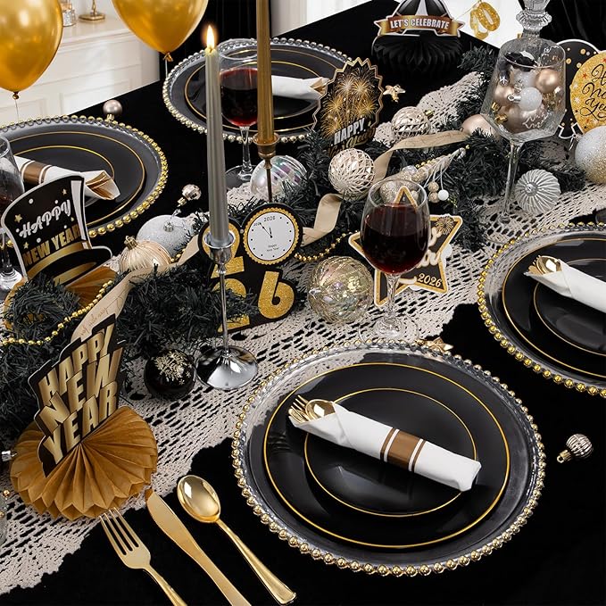 KIRE 100PCS Black and Gold Plates - Black Plastic Plates Disposable with Gold Rim for Halloween Party/Wedding/Birthday Include 50Pcs 10.25inch for Dinner and 50Pcs 7.5inch for Dessert/Salad
