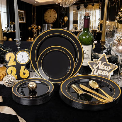 350 Pieces Black and Gold Plastic Plates with Disposable Silverware, Include 50 Dinner Plates 9”, 50 Dessert Plates 6.3”, 50 Black Cups 9 OZ, 50 Pre Rolled Napkins for New Year