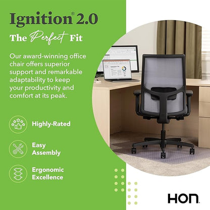 HON Ignition 2.0 Mid Back Task Chair, Advanced Synchro-Tilt Control, Office Chair with Lumbar Support, Height and Width Adjustable Arms, Black Frame, Frost