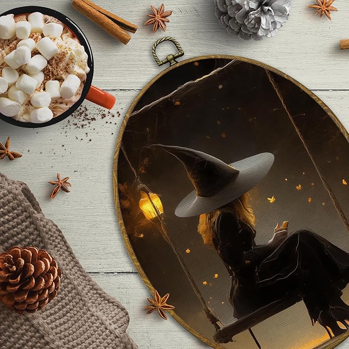 CUANFDDSF Vintage Halloween Witchy Oval Wall Art Decor, Halloween Witch Wall Hanging Decor, Dark Academia Mystical Gothic Witchy Framed Canvas Prints for Home Bedroom Living Room, 8.6x11.4 Inch