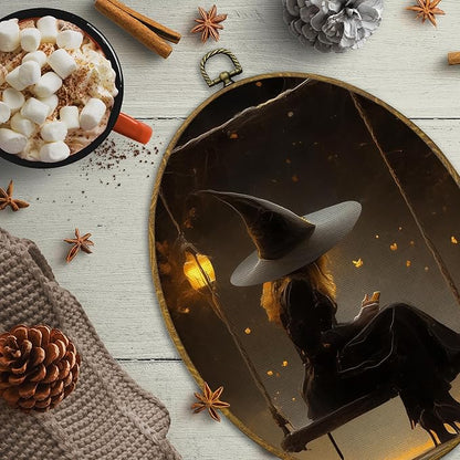CUANFDDSF Vintage Halloween Witchy Oval Wall Art Decor, Halloween Witch Wall Hanging Decor, Dark Academia Mystical Gothic Witchy Framed Canvas Prints for Home Bedroom Living Room, 8.6x11.4 Inch