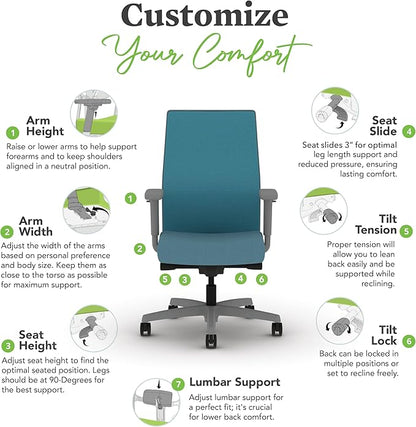 HON Ignition 2.0 Mid Back Task Chair, Spectrum Mesh, Advanced Synchro-Tilt Control, Office Chair with Lumbar Support, Height and Width Adjustable Arms, Titanium Frame, Sky