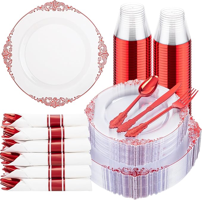 Hioasis 175pcs Clear Red Plastic Plates - Elegant Disposable Dinnerware Set Suitable for 25 Guests Include 10.25" Dinner & 7.5" Dessert Plates, Pre Rolled Silverware Set, Cups for Party & Christmas