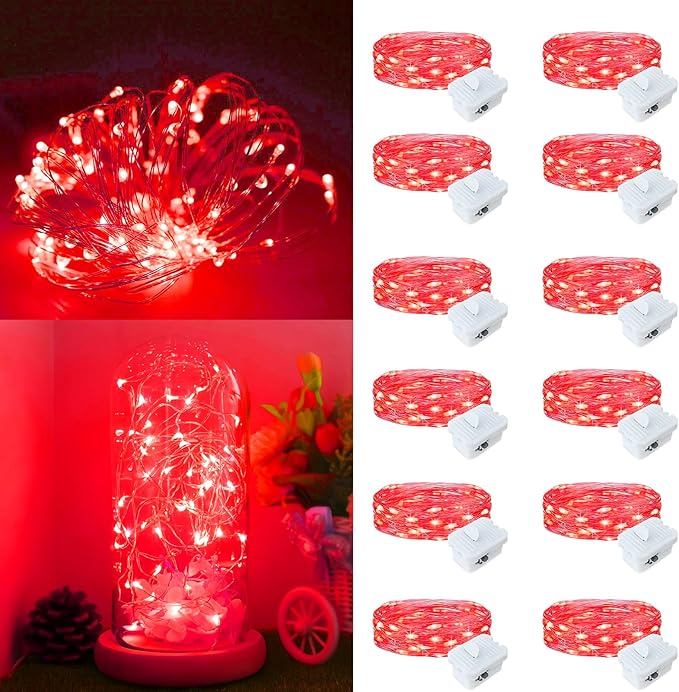 Fairy Lights,Silver Wire String Lights Waterproof,Battery Operated 7FT 20LED Firefly Starry Moon Lights for DIY Christmas Wedding Party Bedroom Decor (Red, 12 Pack)
