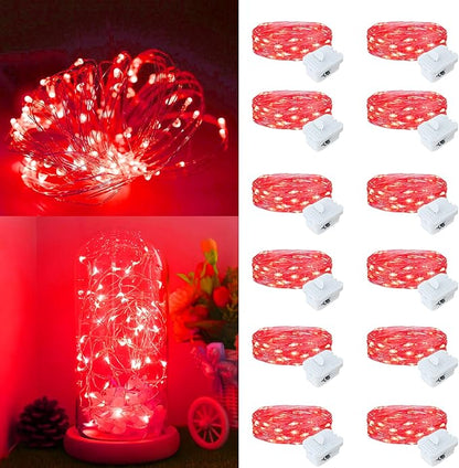 Fairy Lights,Silver Wire String Lights Waterproof,Battery Operated 7FT 20LED Firefly Starry Moon Lights for DIY Christmas Wedding Party Bedroom Decor (Red, 12 Pack)