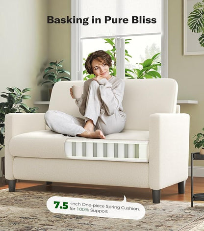 Loveseat Sofa, 51" Love Seat, Comfy Teddy Small Loveseat for Small Spaces, Tool-Free Setup Sofa Couch for Bedroom, All-Wood Couches for Living Room, No Pillow Included, Cream White