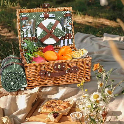 Picnic Basket for 4 Persons with Waterproof Picnic Blanket and Insulated Cooler, Large Wicker Picnic Basket for Camping, Outdoors, Valentine's Day, Christmas, Birthday, Wedding Gift